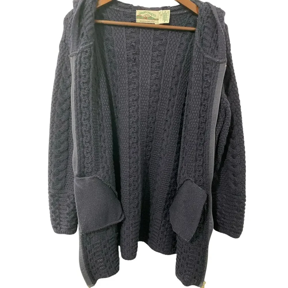 Aran Crafts Merino Wool Sweater Womens XL Hooded Coatigan Double Zip Celtic Knot - Picture 6 of 10